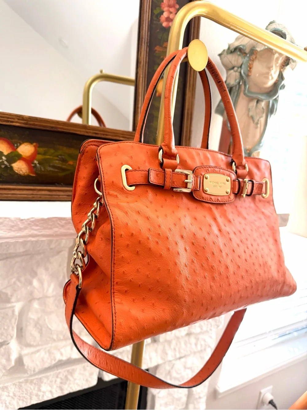 Michael Kors Hamilton Orange Ostrich Embossed Leather Satchel Shoulder Bag